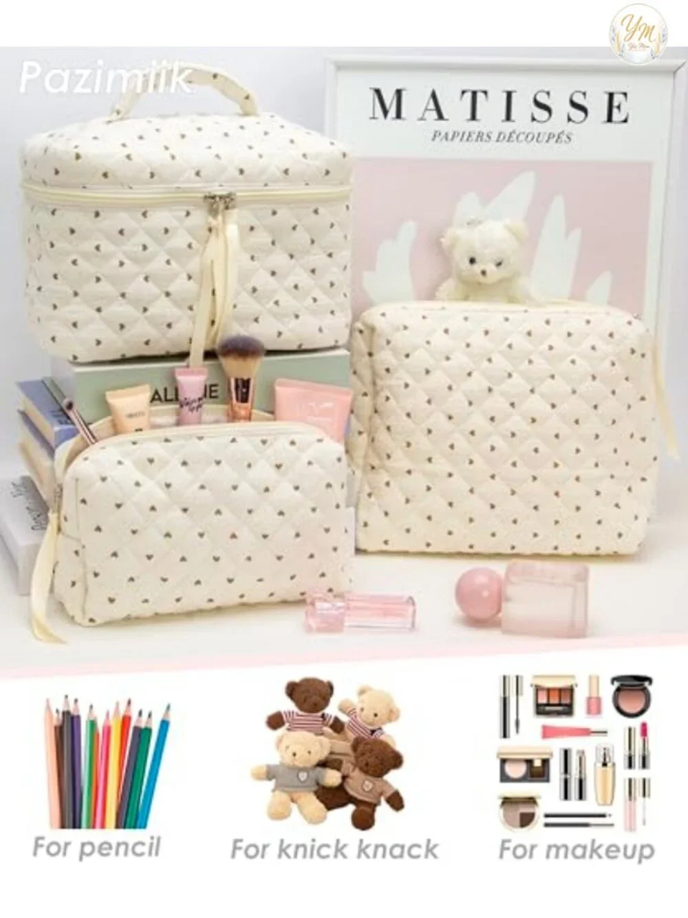 3-Piece Quilted Makeup Bag Set with Heart Zipper, Cosmetic & Toiletry